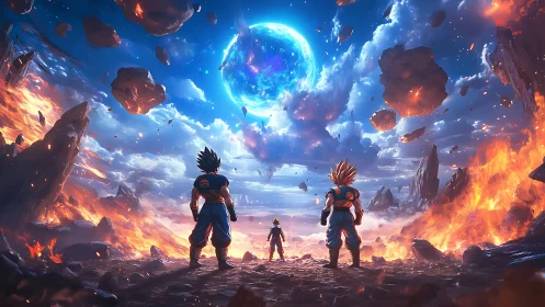 Triad of warriors on volcanic planet under fragmenting blue moon