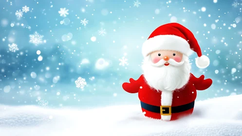 Cartoon Santa Claus stands in snowy landscape with snowflakes