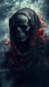 Digital painting of hooded skeletal wraith in eruptive embers.