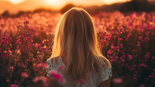 Girl stands in glowing wildflower field at golden sunset