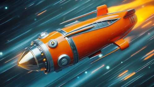 Streamlined retro-futurist rocket in dynamic 3D motion study.