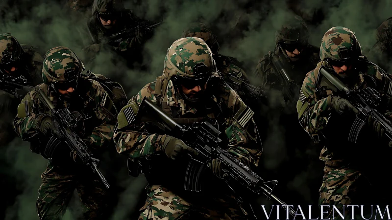 Armed soldiers advance through dark smoke in tactical formation