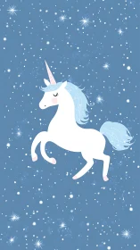 White unicorn silhouette is centered against blue starry field