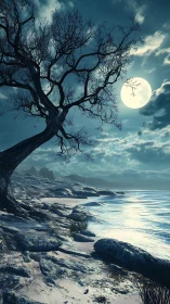 Moonlit shoreline under twisted barren tree at midnight.