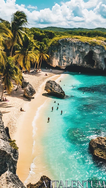 Tropical Limestone Cavern Beach With Azure Turquoise Waters and Dramatic Cliff Formations