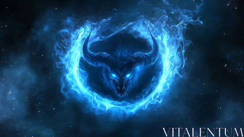 Spectral blue demonic bull skull encircled by plasma ring