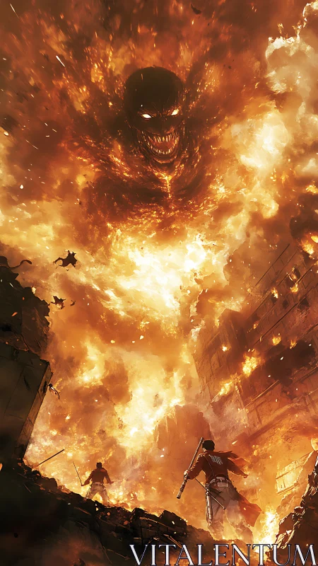 Humanoid fire entity over urban ruins with armed figures.