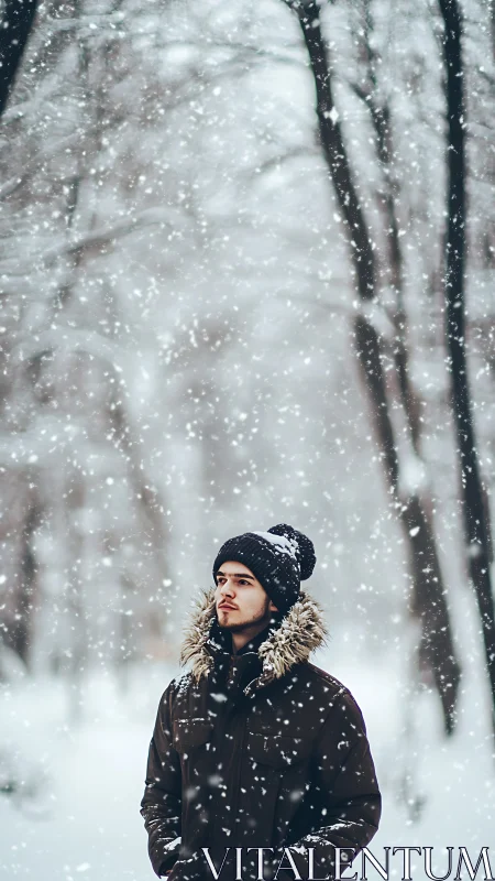 Young man in winter forest under dense snowfall, shallow depth.
