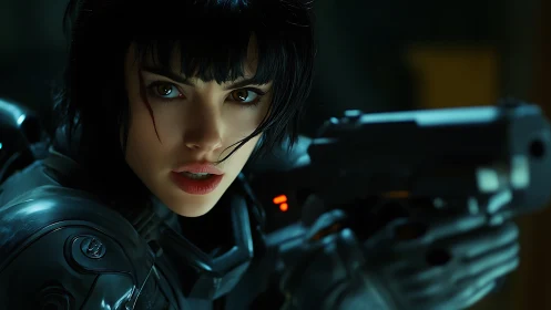 Armored cyberpunk heroine aims forward in tense standoff