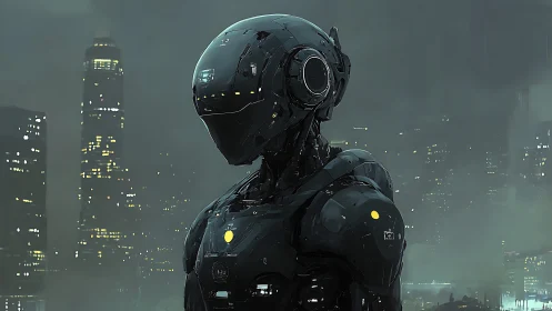 Armored humanoid robot stands in misty futuristic city