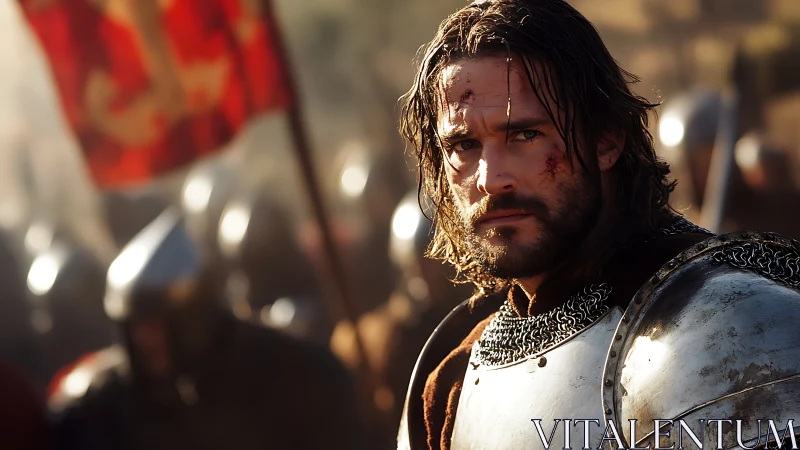 Battle-worn medieval knight amid blurred advancing army.