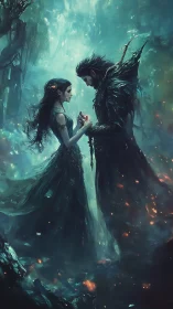 Fantasy couple stands facing each other in glowing forest