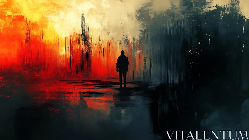 Lone wanderer adrift between ember skyline and shadowed void.