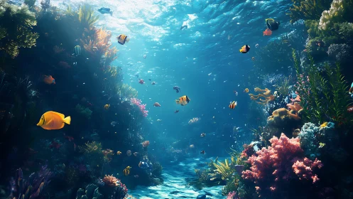 Sunlit coral canyon where neon reef fish drift and whisper.