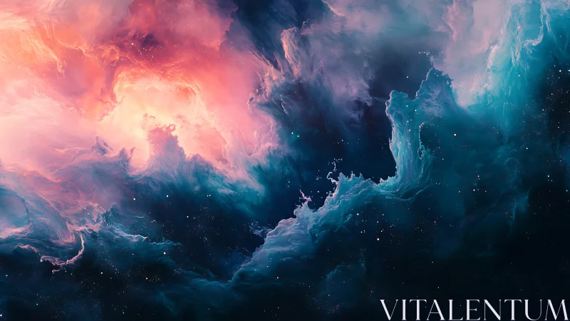 Cosmic clouds swirl gently in glowing pink and teal light