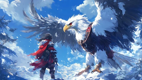 Snowfield tactician confronting armored war-eagle mount.