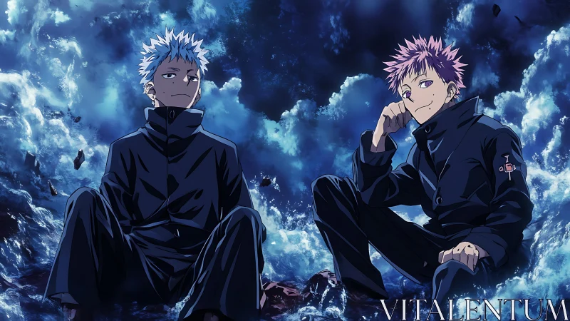 Two anime characters in dark uniforms amid blue waves.