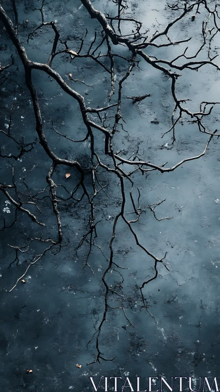 Bare winter branches cast graphic silhouettes on frozen water