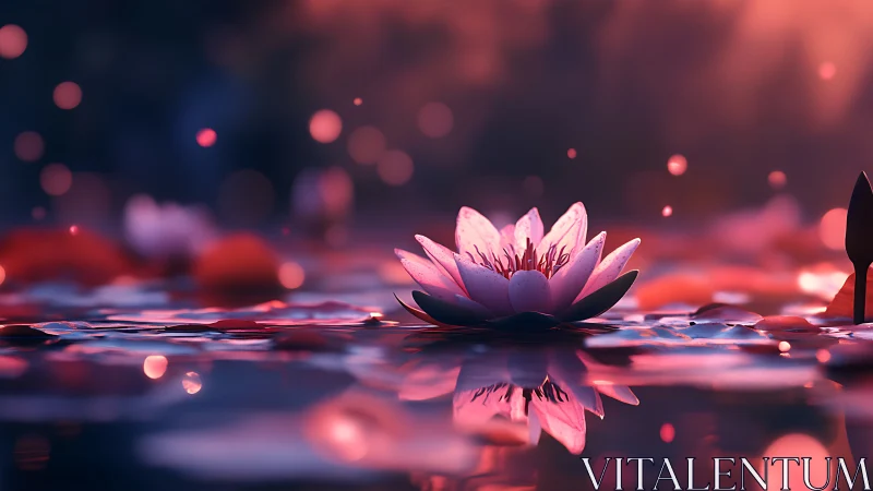 Pink water lily on calm pond with glowing bokeh lights.