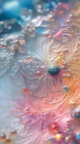 Iridescent fractal blooms radiate through pastel light.