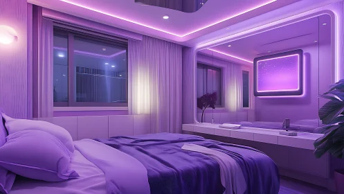 Neon-lit modern bedroom with integrated LED cove lighting and mirror