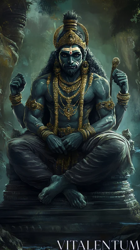 Stone jungle hush crowns a serene blue guardian king