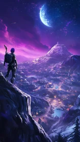 Starlit explorer gazes over a glowing futuristic valley