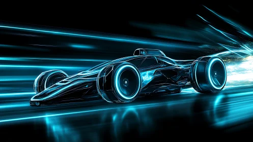 Futuristic neon race car accelerates through glowing light tunnel
