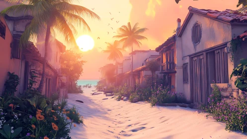 Sunset street scene with colonial architecture in coastal setting.