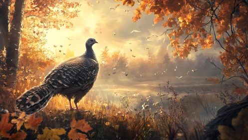 Wild turkey in autumn woodland beside reflective lake.