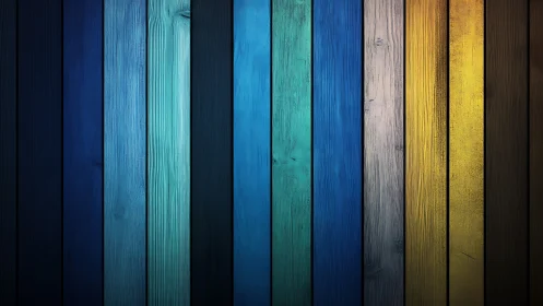 Vertical timber planks in gradient blues to golden tones.