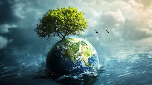 Tree grows from Earth sphere rising through ocean water