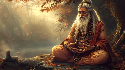 Elderly ascetic in cross-legged pose by forest riverbank.