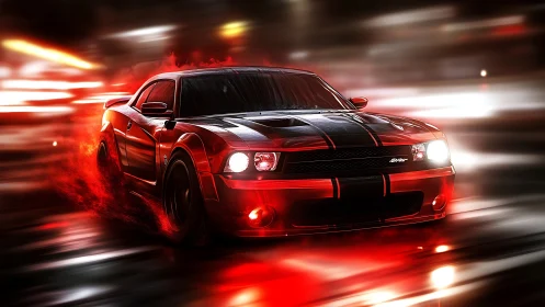 Red muscle car racing through neon city streets at night.