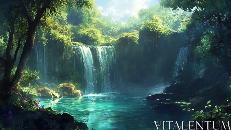 Mystical Waterfall in Enchanted Forest Sanctuary.