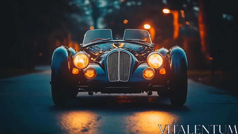 Vintage roadster glows under moody dusk streetlights.