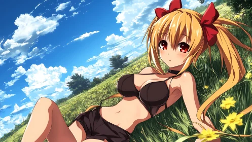 Sunlit meadow daydream cradles a red‑ribboned gaze