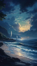 Dramatic twilight seascape with sailboats and volumetric clouds