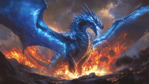 Skyforged blue dragon rising over molten inferno sky.