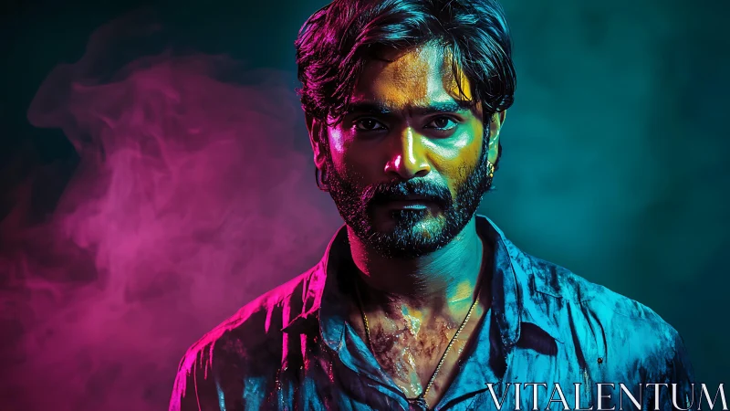 Neon storm gaze in magenta smoke and electric teal light.