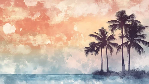 Tropical Sunset Beach Rendered in Watercolor.