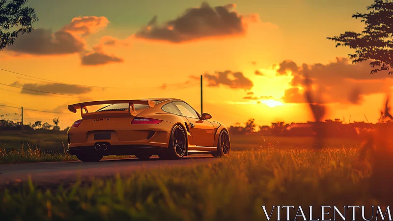 Track-prepped yellow sports coupe under saturated sunset sky