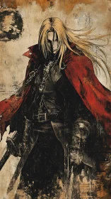 Storm-swept swordsman stands defiant in tattered crimson cloak
