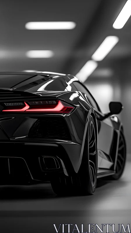 Sleek black supercar glows softly under smooth tunnel lights