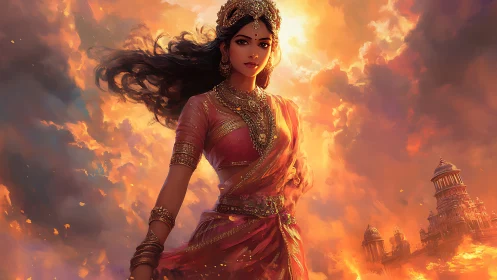 Mythic warrior princess in jeweled sari amid blazing skies