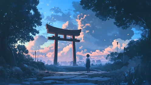 Anime shrine gate vista with atmospheric sky composition.