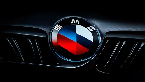 Bold close-up of a performance car badge glowing in night.