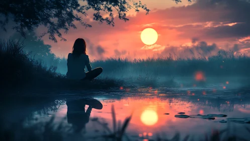 Solitary figure at misty lakeshore observing vivid sunset