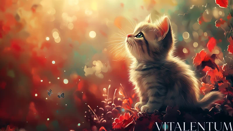 Golden Kitten Gazes Upward Among Red Flowers.