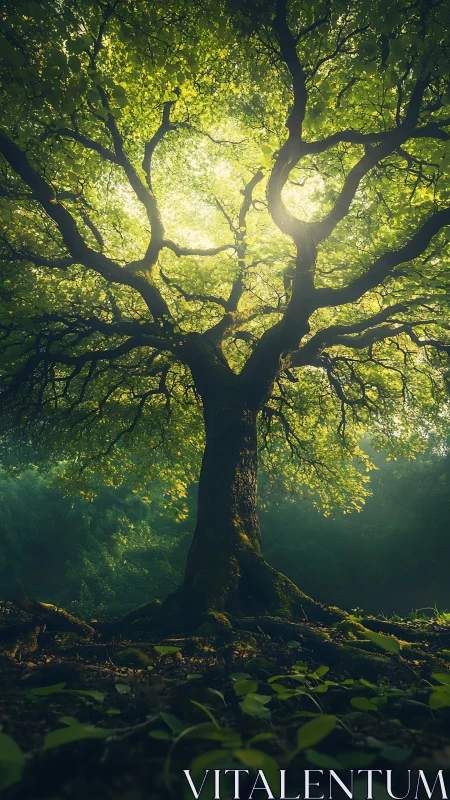 Sunlit forest giant spreads glowing branches in calm air